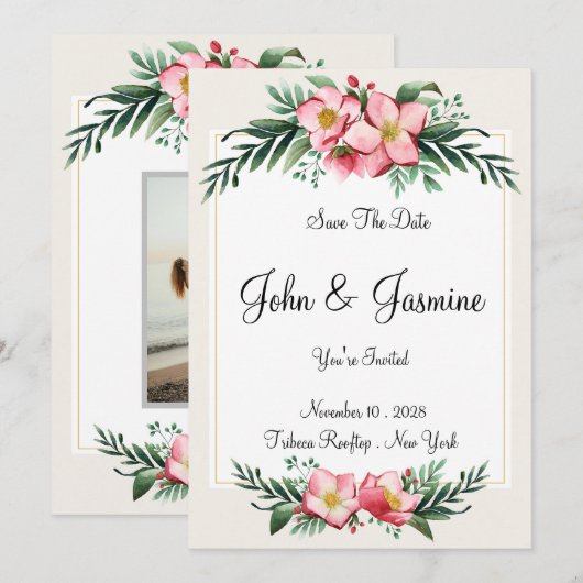 Elegant Floral slaat de datum op Kaart (Voorkant / Achterkant)