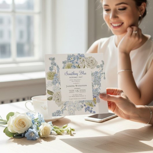 elegant Floral Something Blue Bridal shower QR  Kaart