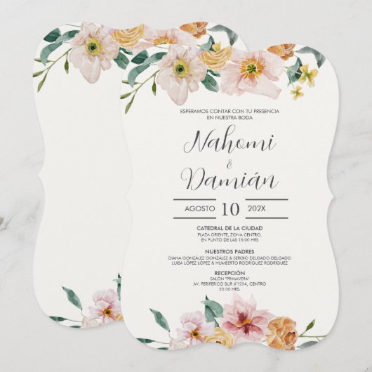 Elegant Floral Spanish Wedding Invitation Kaart (Voorkant / Achterkant)