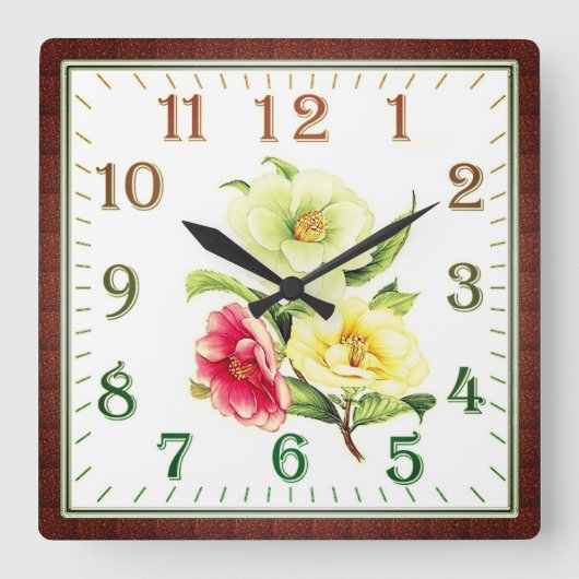 Elegant Floral Square Acrylic Wall Clock Vierkante Klok (Voorkant)