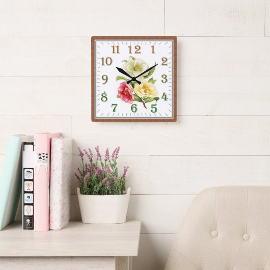 Elegant Floral Square Acrylic Wall Clock Vierkante Klok (Leeskamer)