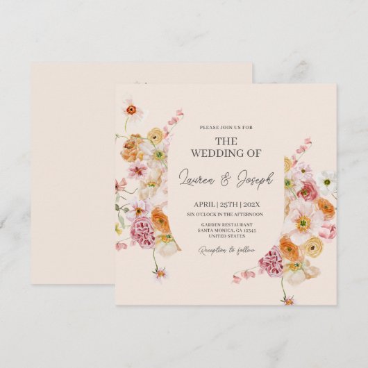 Elegant Floral Square Wedding-uitnodiging Kaart (Voorkant / Achterkant)