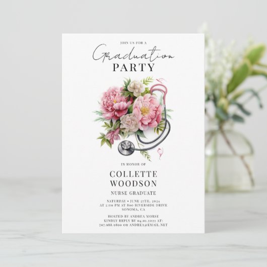 Elegant Floral Stethoscope Nurse Graduation  Kaart (Staand voorkant)