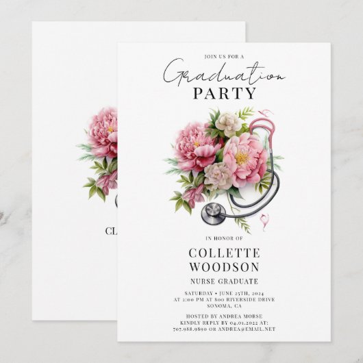 Elegant Floral Stethoscope Nurse Graduation  Kaart (Voorkant / Achterkant)