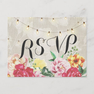 Elegant Floral String Lights Linen Wedding RSVP Uitnodiging Briefkaart