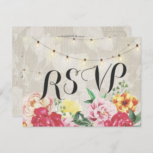 Elegant Floral String Lights Linen Wedding RSVP Uitnodiging Briefkaart (Voorkant / Achterkant)