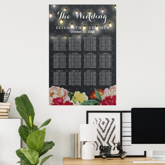 Elegant Floral String Lights Wedding Seding Chart Poster (Thuiskantoor)