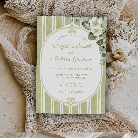 Elegant Floral Striped Green Wedding Kaart