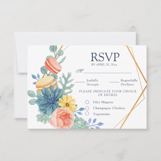 Elegant Floral Succulent Macaron Wedding Meal RSVP Kaartje (Voorkant)