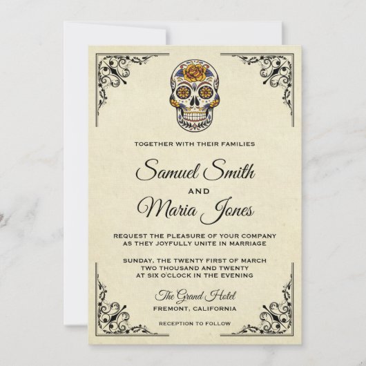 Elegant Floral Sugar Skull Wedding Invitation Kaart (Voorkant)