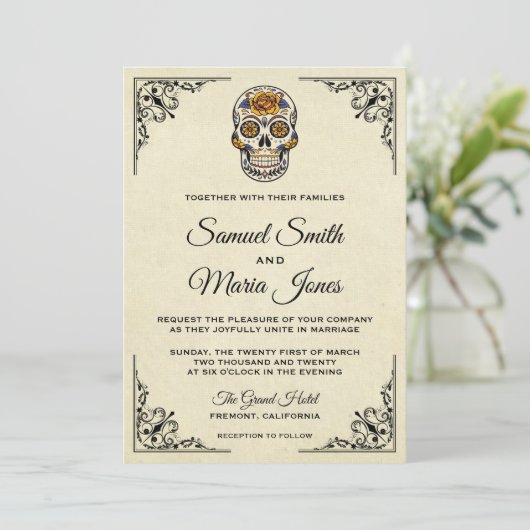 Elegant Floral Sugar Skull Wedding Invitation Kaart (Staand voorkant)