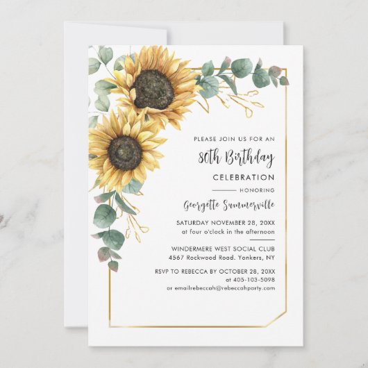 Elegant Floral Sunflower 80th Birthday Party Kaart (Voorkant)