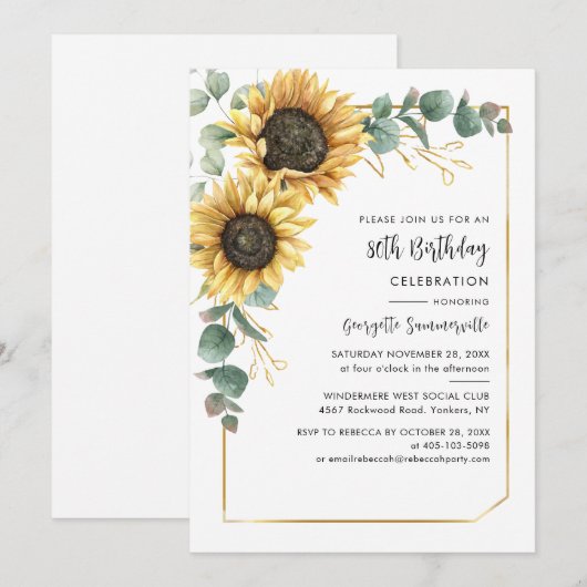 Elegant Floral Sunflower 80th Birthday Party Kaart (Voorkant / Achterkant)