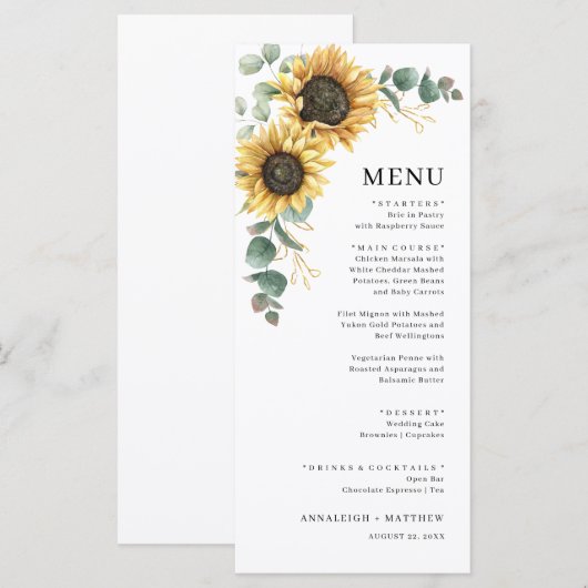 Elegant Floral Sunflower Eucalyptus Wedding Menu (Voorkant / Achterkant)