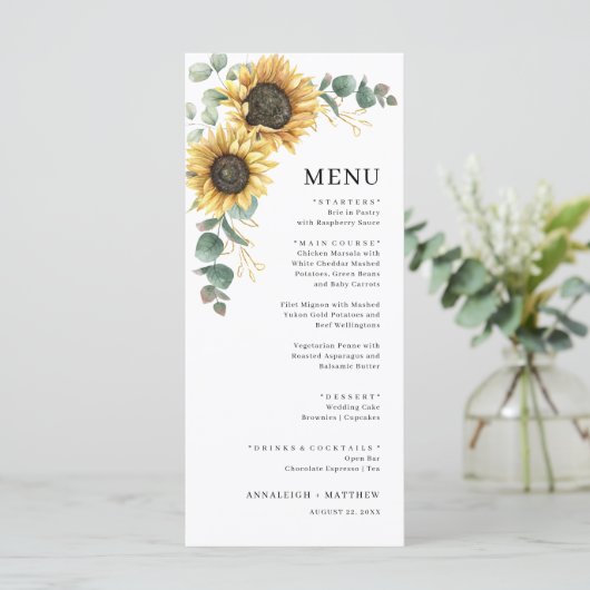Elegant Floral Sunflower Eucalyptus Wedding Menu (Staand voorkant)