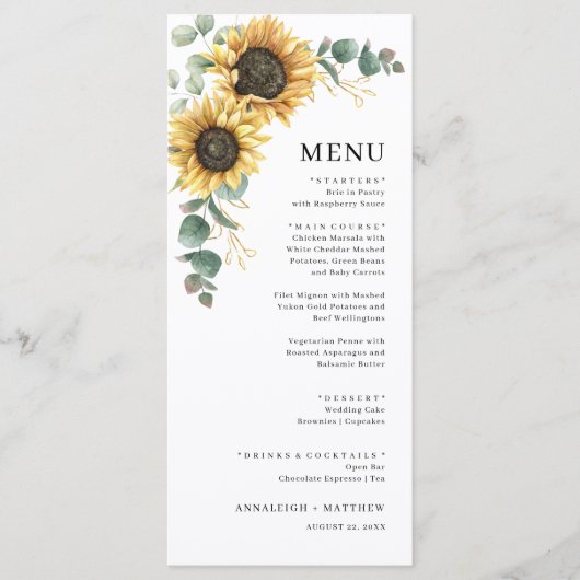 Elegant Floral Sunflower Eucalyptus Wedding Menu (Voorkant)