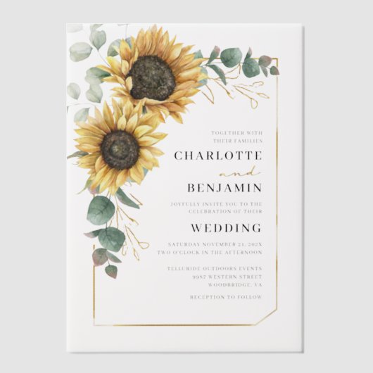 Elegant Floral Sunflower Eucalyptus Wedding Vellum Uitnodigingen (Voorkant)