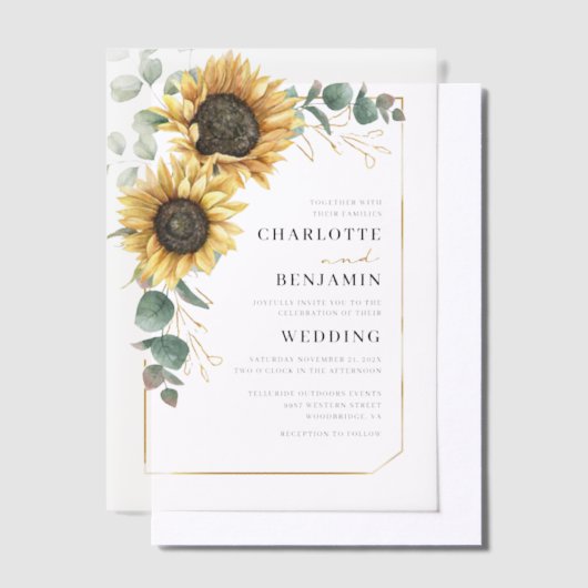 Elegant Floral Sunflower Eucalyptus Wedding Vellum Uitnodigingen (Offset)