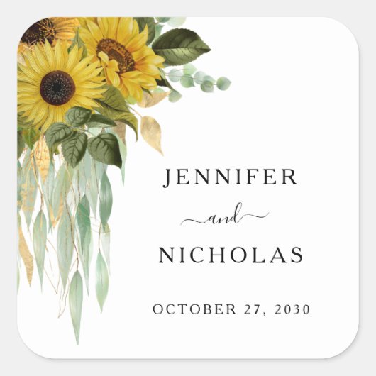 Elegant Floral Sunflower Wedding Vierkante Sticker (Voorkant)