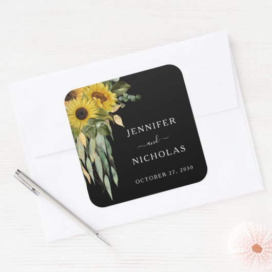 Elegant Floral Sunflower Wedding Vierkante Sticker (Envelop)