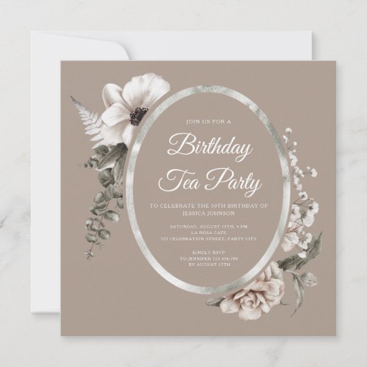 Elegant Floral Taupe Birthday Tea Party Kaart (Voorkant)
