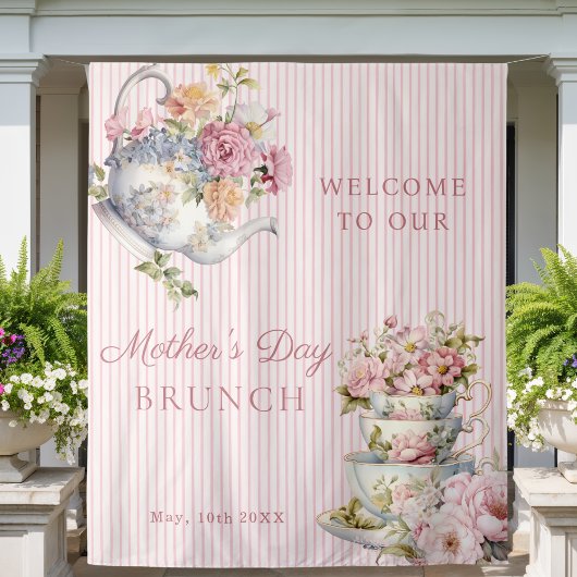 Elegant Floral Tea party Mother's Day Backdrop Wandkleed