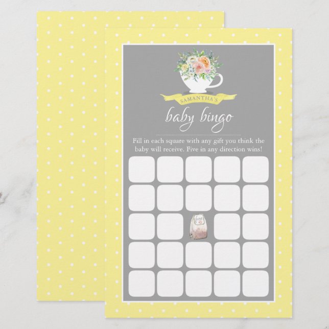 Elegant Floral Teacup Baby shower Tea Party Bingo (Voorkant / Achterkant)