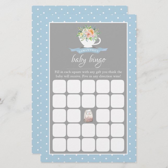 Elegant Floral Teacup Baby shower Tea Party Bingo (Voorkant / Achterkant)