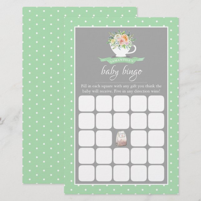 Elegant Floral Teacup Baby shower Tea Party Bingo (Voorkant / Achterkant)