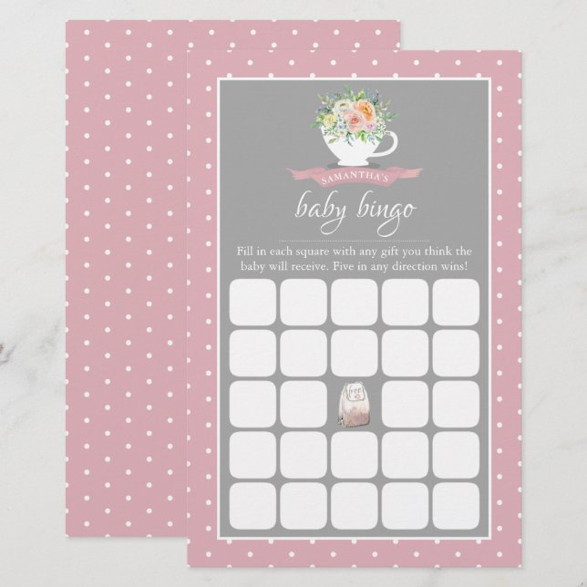 Elegant Floral Teacup Baby shower Tea Party Bingo (Voorkant / Achterkant)