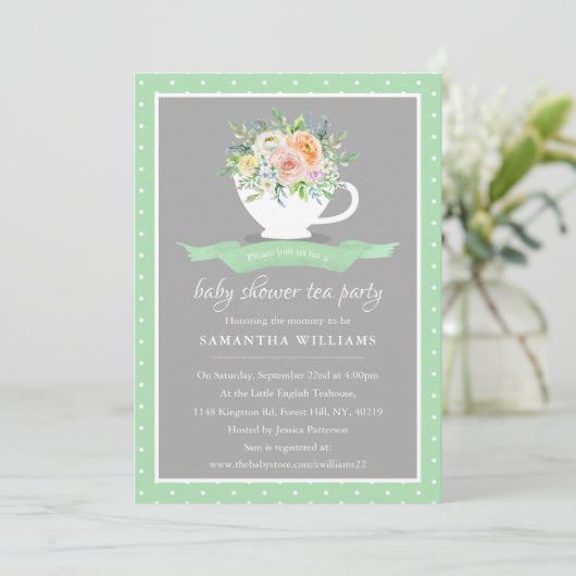 Elegant Floral Teacup Baby shower Tea Party Kaart (Staand voorkant)