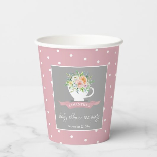 Elegant Floral Teacup Baby shower Tea Party Papieren Bekers (Achterkant)