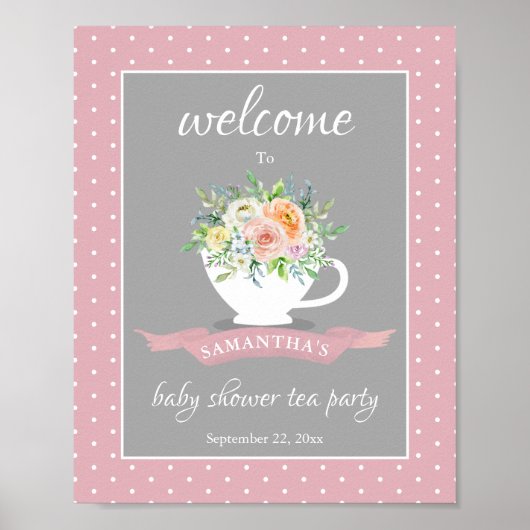 Elegant Floral Teacup Baby shower Tea Party Poster (Voorkant)