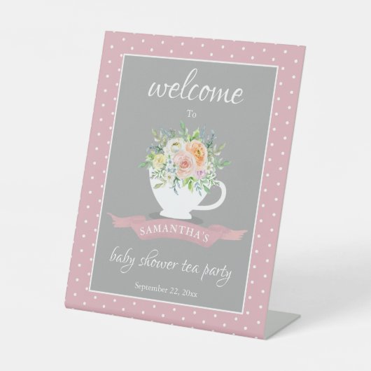 Elegant Floral Teacup Baby shower Tea Party Reclamebord Met Voetstuk (Voorkant)