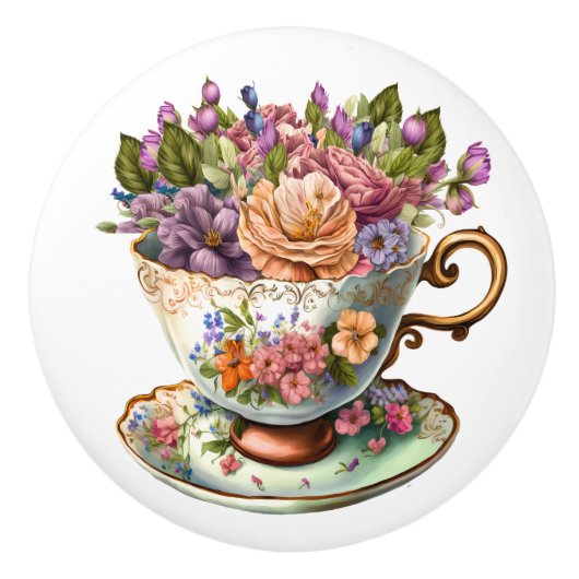 Elegant Floral Teacup Keramische Knop (Voorkant)