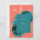 Elegant Floral Teal Blue Coral Gold Wedding Kaart (Voorkant)