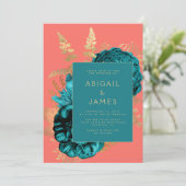 Elegant Floral Teal Blue Coral Gold Wedding Kaart (Staand voorkant)