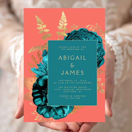 Elegant Floral Teal Blue Coral Gold Wedding Kaart