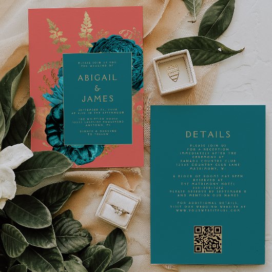 Elegant Floral Teal Gold Coral QR Code Wedding Kaart