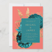 Elegant Floral Teal Gold Coral QR Code Wedding Kaart (Voorkant)