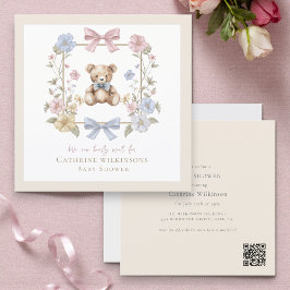 Elegant Floral Teddy  pastel  baby shower QR code Kaart