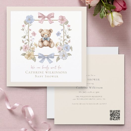 Elegant Floral Teddy  pastel  baby shower QR code Kaart