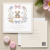 Elegant Floral Teddy  pastel  baby shower QR code Kaart