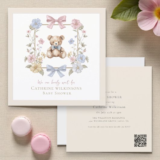 Elegant Floral Teddy  pastel  baby shower QR code Kaart