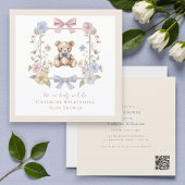 Elegant Floral Teddy  pastel  baby shower QR code Kaart