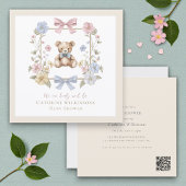 Elegant Floral Teddy  pastel  baby shower QR code Kaart