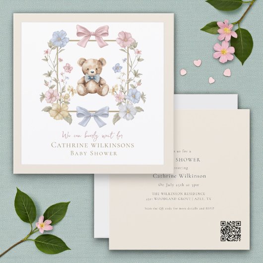 Elegant Floral Teddy  pastel  baby shower QR code Kaart