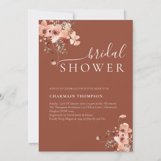 Elegant Floral Terracotta Bridal Shower Kaart (Voorkant)