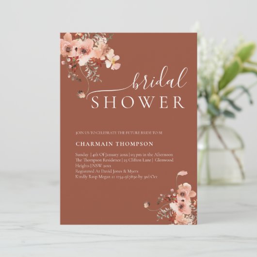 Elegant Floral Terracotta Bridal Shower Kaart (Staand voorkant)