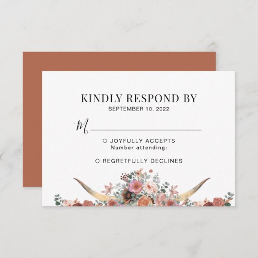 Elegant Floral Terracotta Skull Wedding RSVP Kaartje (Voorkant / Achterkant)
